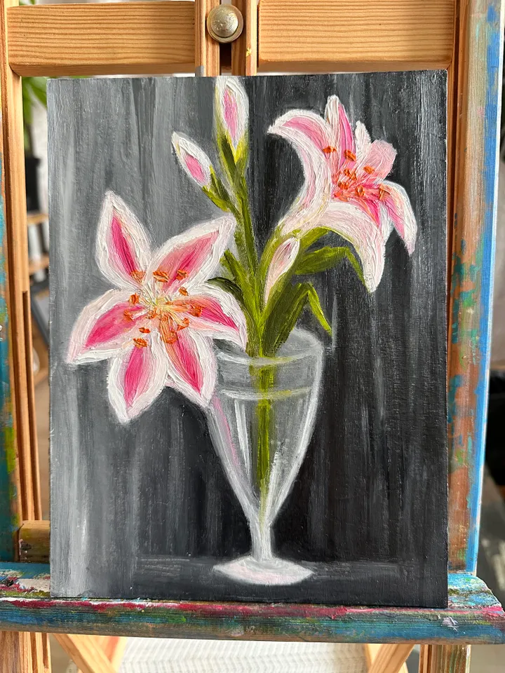 Oil Painting Pink Lilies in a Glass Vase Bouquet of Lilies Flowers Floral Still Life Nature Plants Wall Decor 9x7 inches 24x18 cm Cardboard