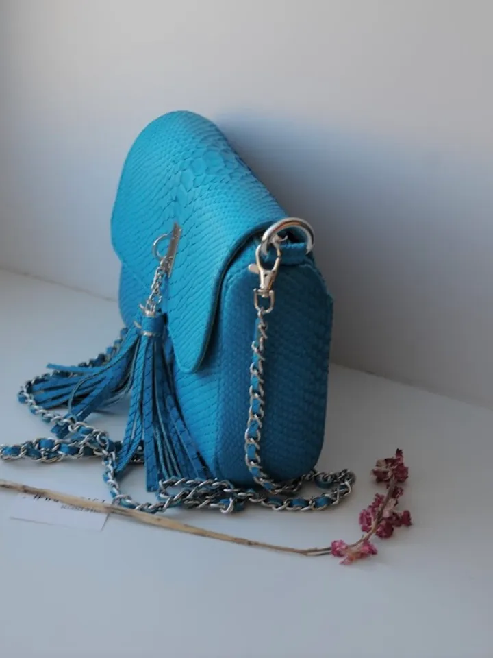 Genuine python skin crossbody turquise tassel womens bag / exotic leather bags / designer leather handmade purse / chain shoulder bag