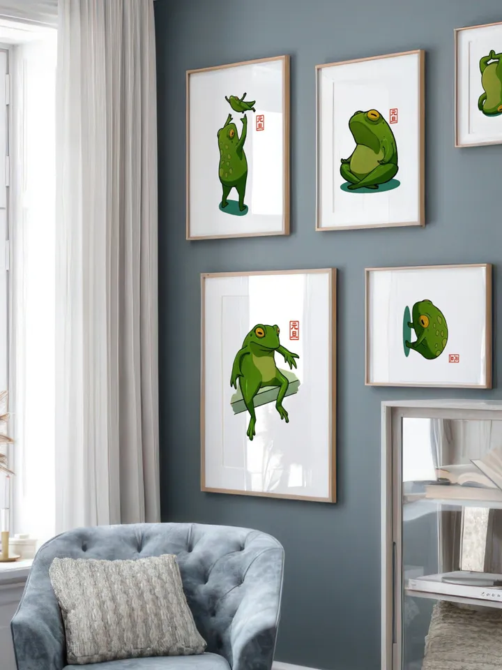 Japanese Matsumoto Hoji Frog Set of 9, Vintage Frog Woodblock Poster, Ukiyo-e Frog Print, Japanese Frog Printable Wall Art, Digital Download