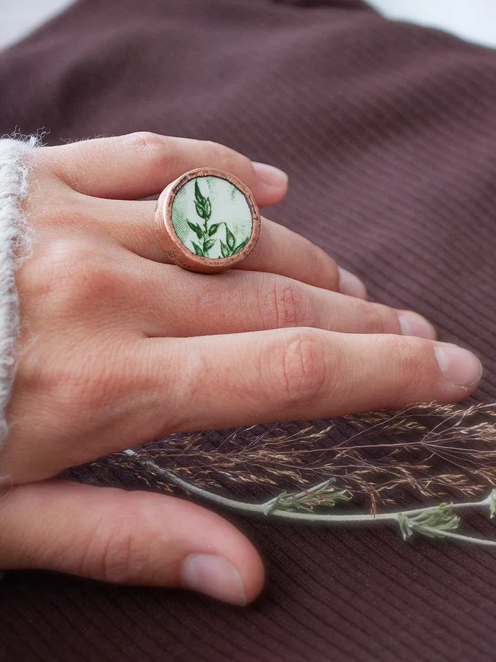 Unique handmade porcelain ring in a copper frame made using the electroforming process