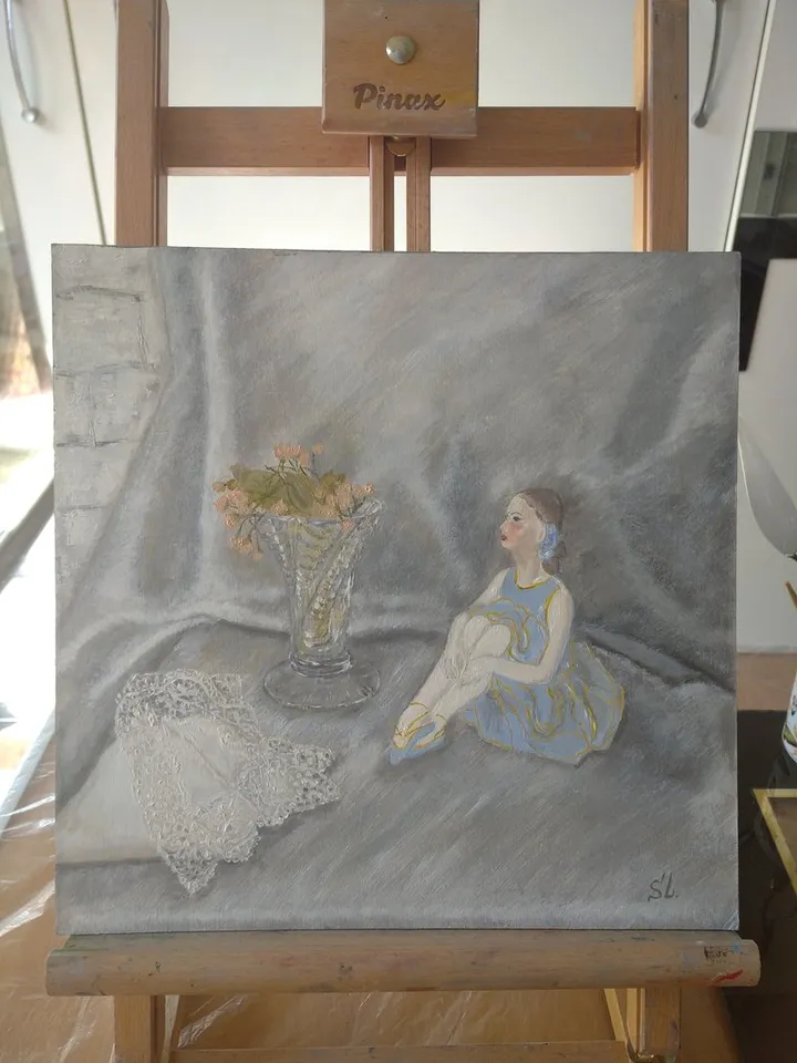 Oil painting, still life with a ballerina figurine, vase and delicate lace handkerchief. Vintage things. Miniature oil painting 12x12 inches