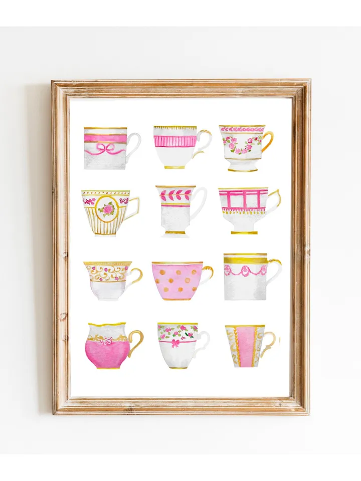 Tea cups, Kitchen Art, Wall Art, Kitchen Wall Decor, Vintage Tea Cup, Gift For Tea Lovers, Tea Party Decor ,Watercolor Art Print Tea Poster