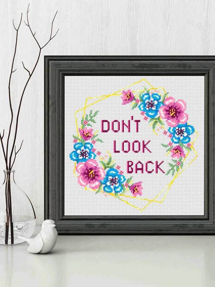 Motivational quote cross stitch pattern Dont look back Instant download PDF, Floral wreath cross stitch chart, Flower border pattern #Q16