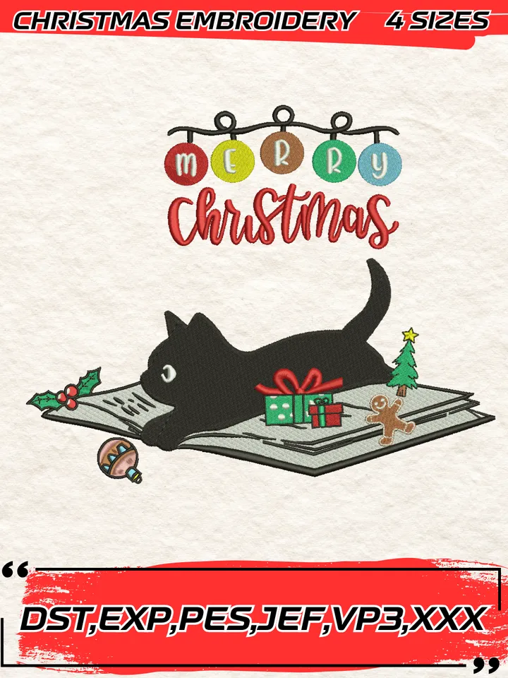 Christmas Cat Book Embroidery Design,Christmas Embroidery Design,4 Sizes, Digital Download