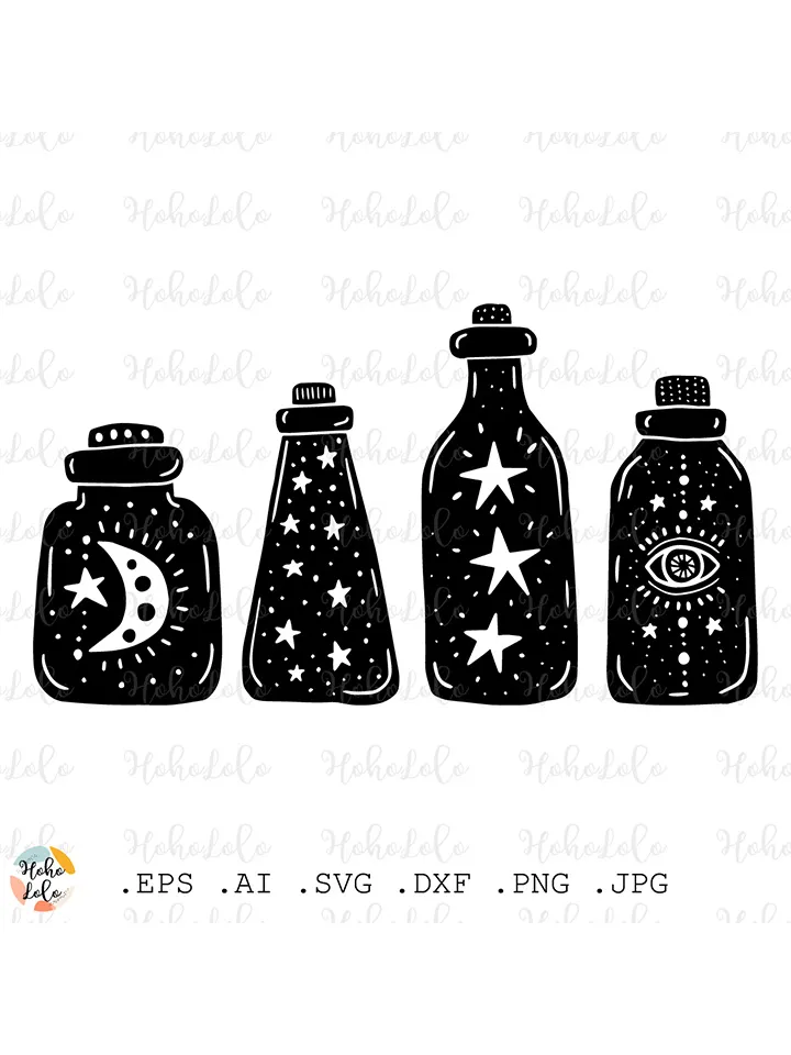 Magic Bottle Svg, Magic Bottle Scandinavian, Magic Bottle Linocut, Magic Bottle Cricut, Magic Bottle Clipart Png, Magic Bottle Stencil Dxf