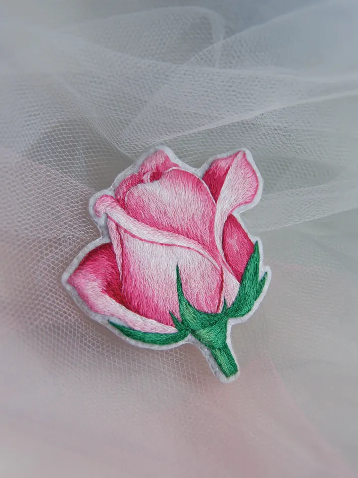Rose Bud Brooch. Embroidered brooch, artistic satin stitch.