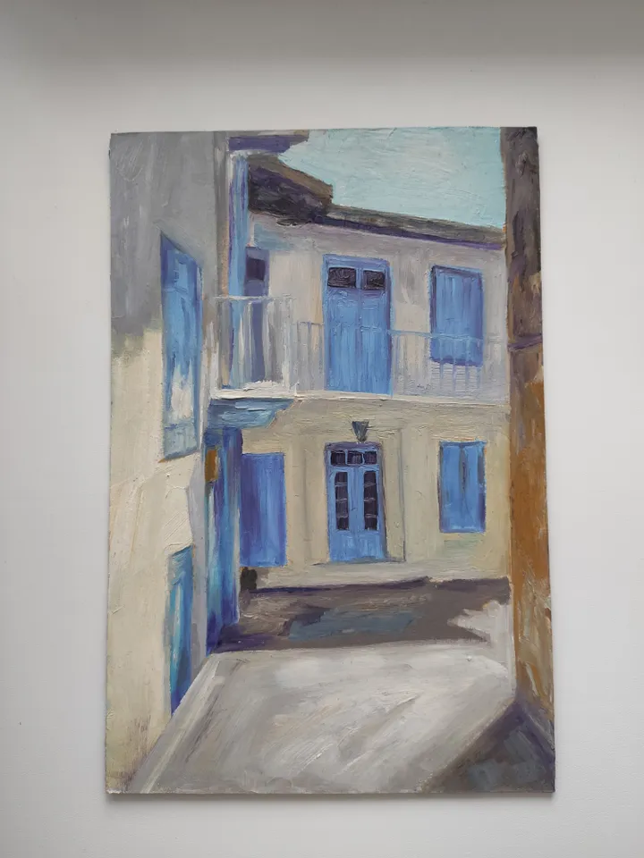 Oil painting on cardboard the house with blue windows