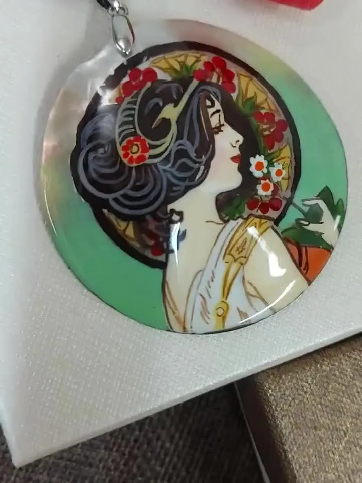 Russian Russian pearl necklace with hand-painted pendant Alphonse Mucha "Primrose", Jewelry Russian jewelry art. Fine art jewelry Fedoskino