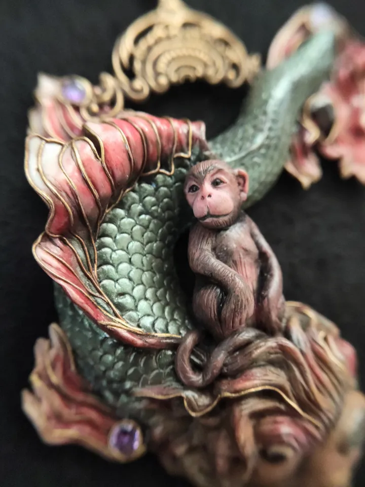 Art Nouveau Necklace Monkey on a Dolphin based on an engraving by Gustav Dore