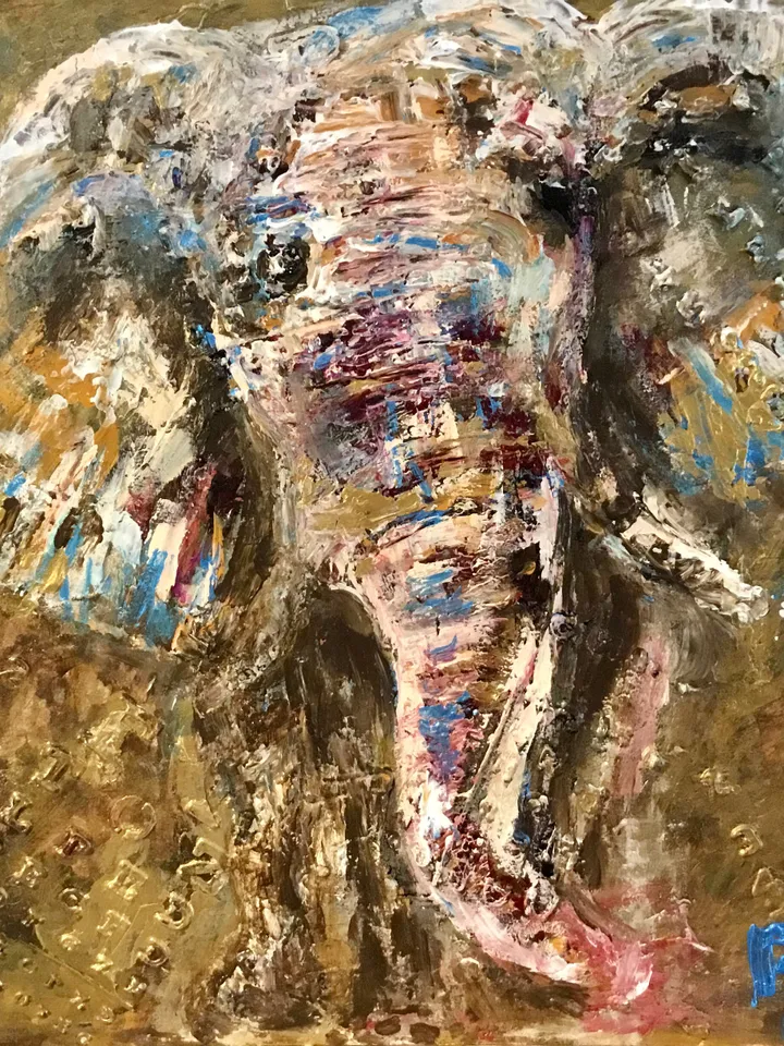 Golden elephant original acrylic mix media textured painting on cardboard,abstract animals wall art,nursery room decoration,personalized