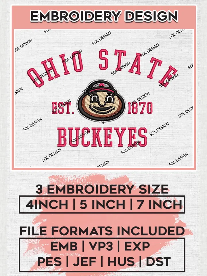 Ohio State Buckeyes Est 1870 Embroidery Designs, NCAA Ohio State Buckeyes Team Embroidery, NCAA Team Logo, 3 sizes, Machine embroidery Files, Digital Download