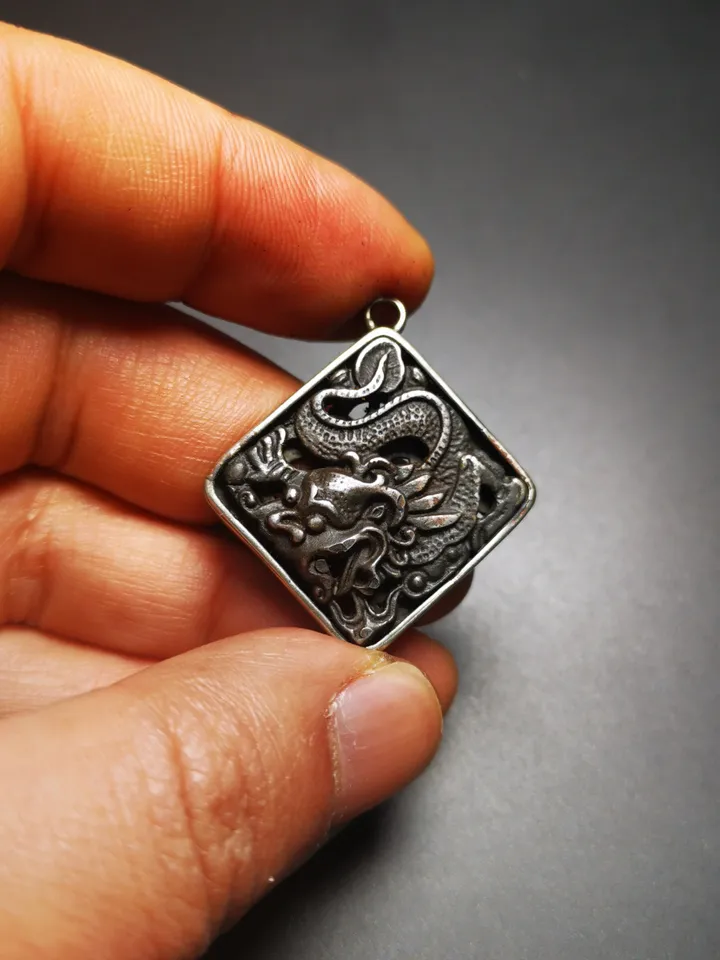 Gandhanra Antique Tibetan Buddhist Amulet,Dragon -the Four Dignities(Garuda,Tiger,Dragon,Lion),Protective Pendant,Inlaid with Sliver