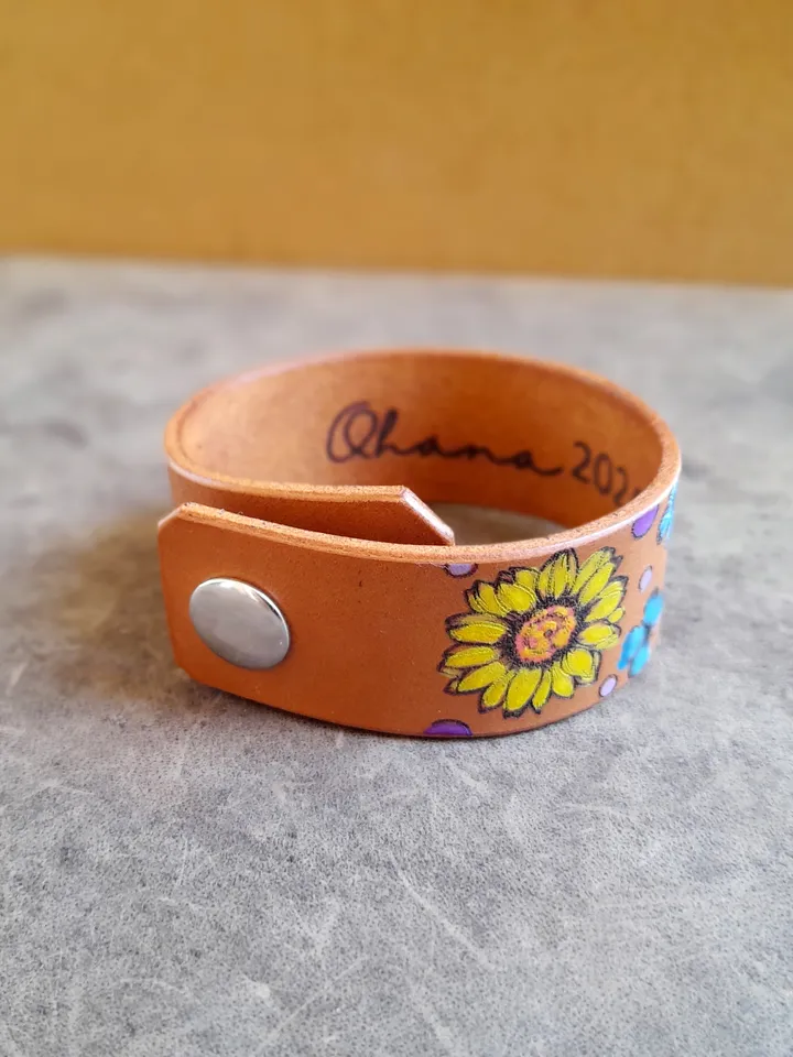 Large Yellow Flowers and Butterflies Bracelet, Hand Painted Women Leather Cuff Bracelet, Personalized Bracelet, Daisies, Plant Lover Gift, Ohana