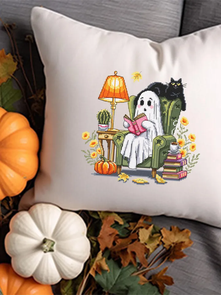 Cute ghost with black cat cross stitch pattern PDF download Set of 3 ghost cross stitch chart Halloween pattern digital PDF Fall leaves #H91
