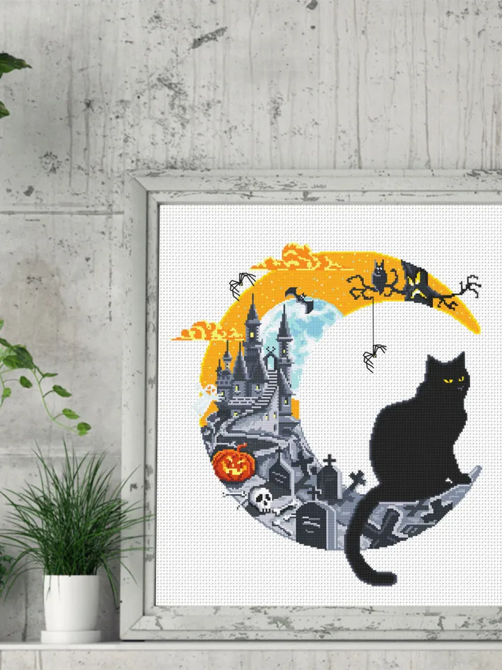 Halloween cat cross stitch pattern PDF download Crescent moon cross stitch chart, Halloween pattern digital PDF Haunted house, Black cat #H9