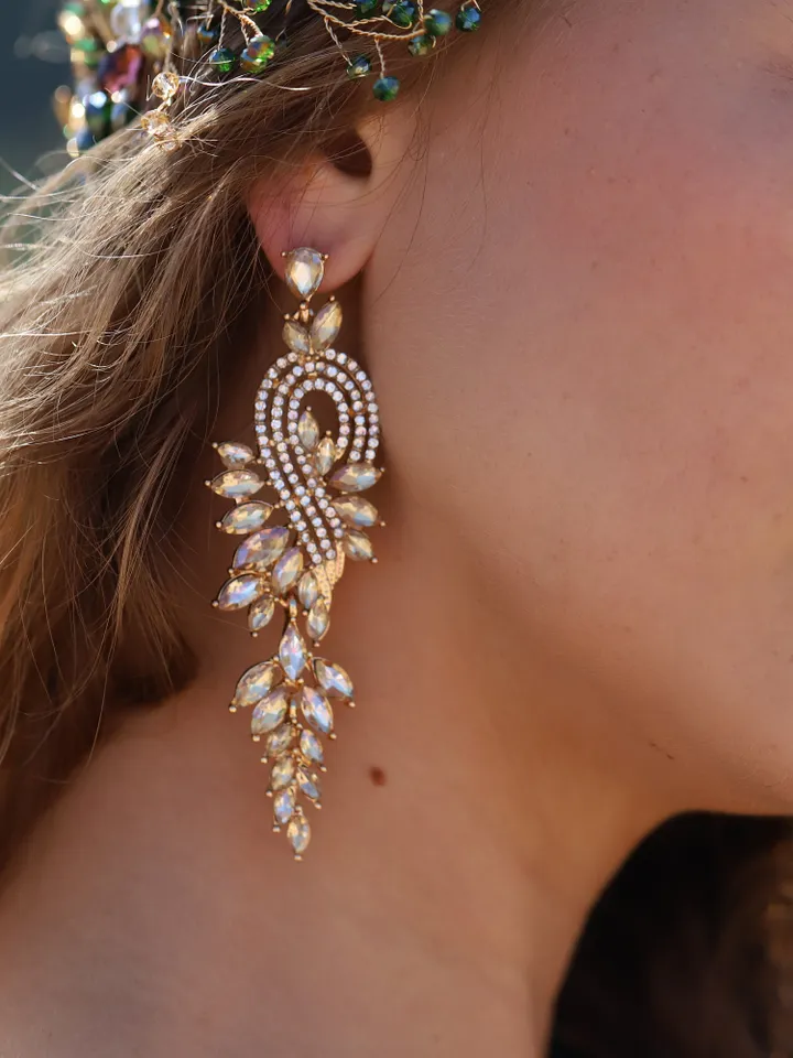 Champagne Gold Bridal Earrings statement Boho Earrings Boho Wedding Earrings Gold leaf earrings Long Brodal Earrings Boho Bridal Earrings
