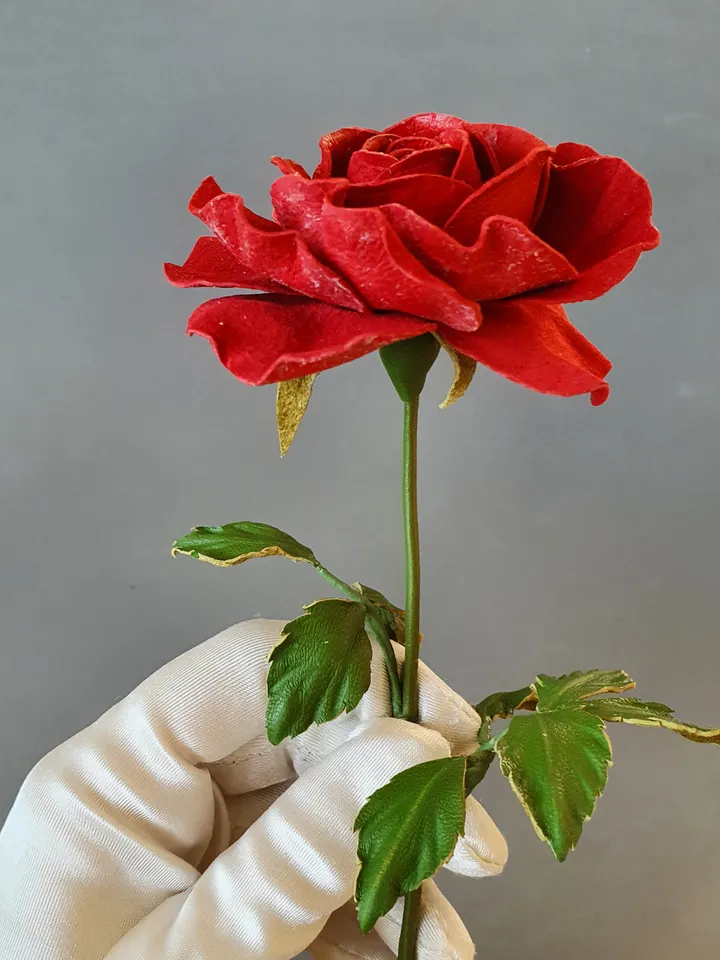 Red leather rose long stem 3th anniversary gift for her, Leather flower living room decor