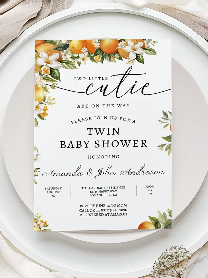Two Little Cuties Are On The Way Baby Shower Invitation, Clementine Shower Invite, Orange Baby Shower, Twin Baby Shower Invite - I104
