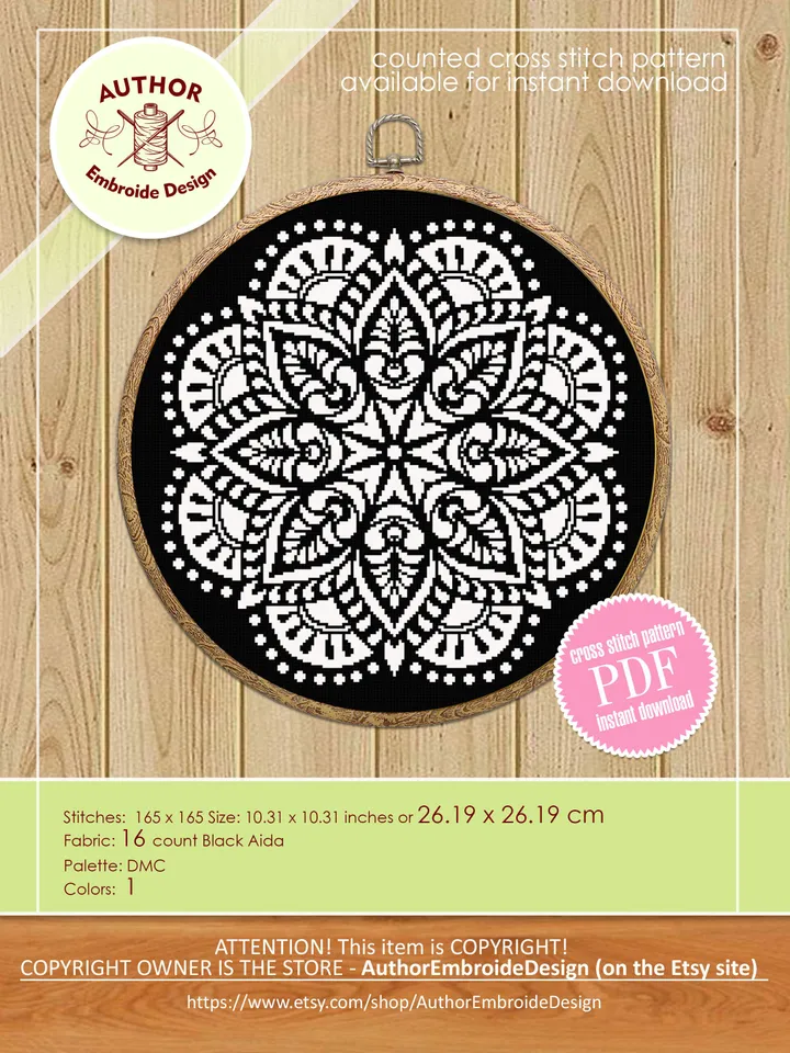 Mandala cross stitch pattern download PDF Flower mandala digital Beginner stitch Monochrome cross stitch Simple modern xstitch chart #M172