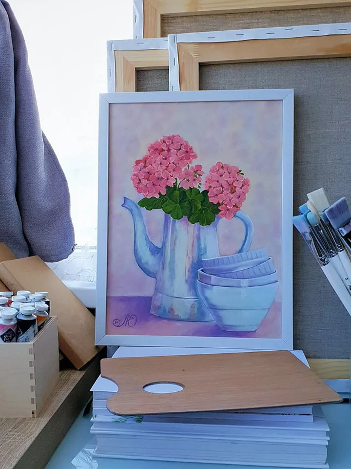 Red Geraniums Painting Original Art Pelargonium Flower Still Life Oil Painting