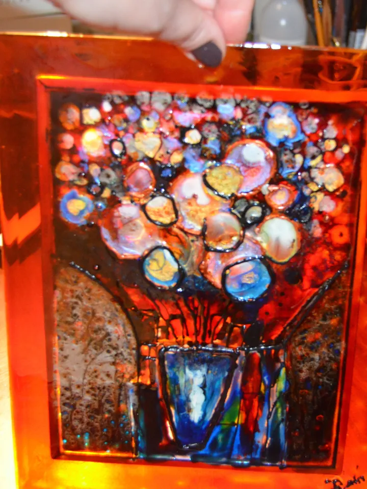 Flowers in a vase suncatcher, flowers painting on glass ,fantasy glass painting, double side painted glass panel, unique gift, home decor