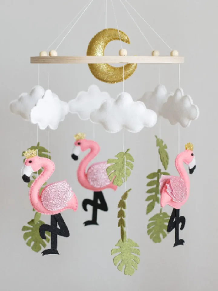 Handcrafted Flamingo and Safari Themed Felt Baby Mobile - Customizable Nursery Decor