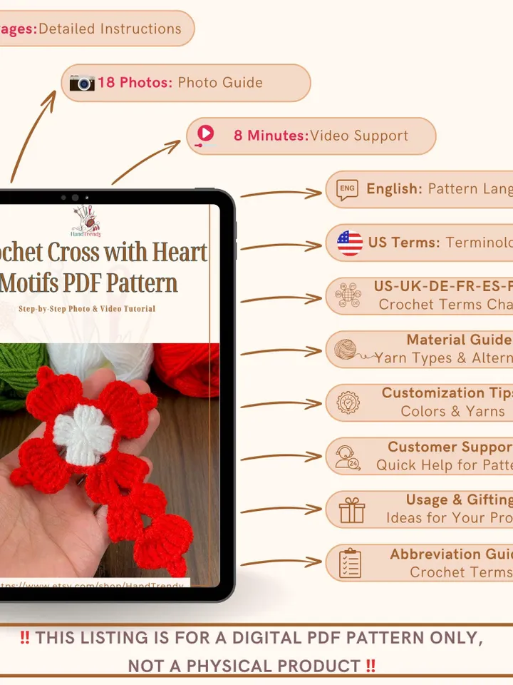 Crochet Cross with Heart Motifs PDF Pattern, Handmade Religious Decor Design, DIY Faith-Inspired Crochet Gift