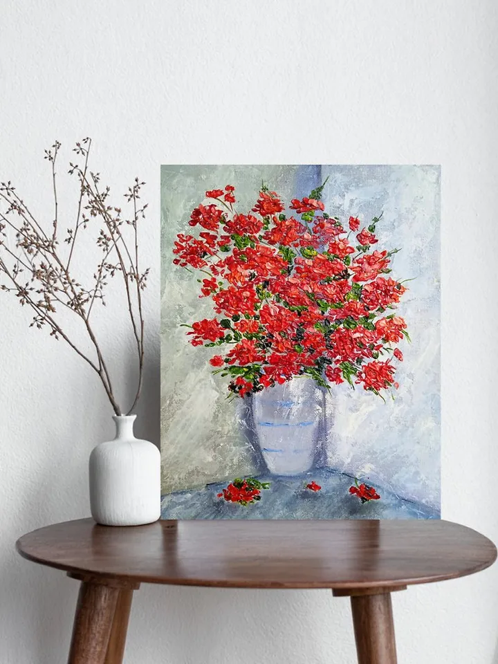 Oil painting Bright red flowers in a white vase Impasto Art 25 x 20 centimeters