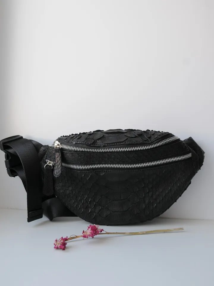 Genuine Python Skin Fanny Pack Black Color | Leather Belt Bag | Summer Bags | Unisex Fanny Pack | Exotic Leather Bags | Snake Print Bag