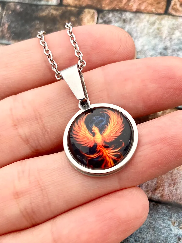 Phoenix necklace, steel pendant with glass, Fire bird, Fantasy jewelry lover