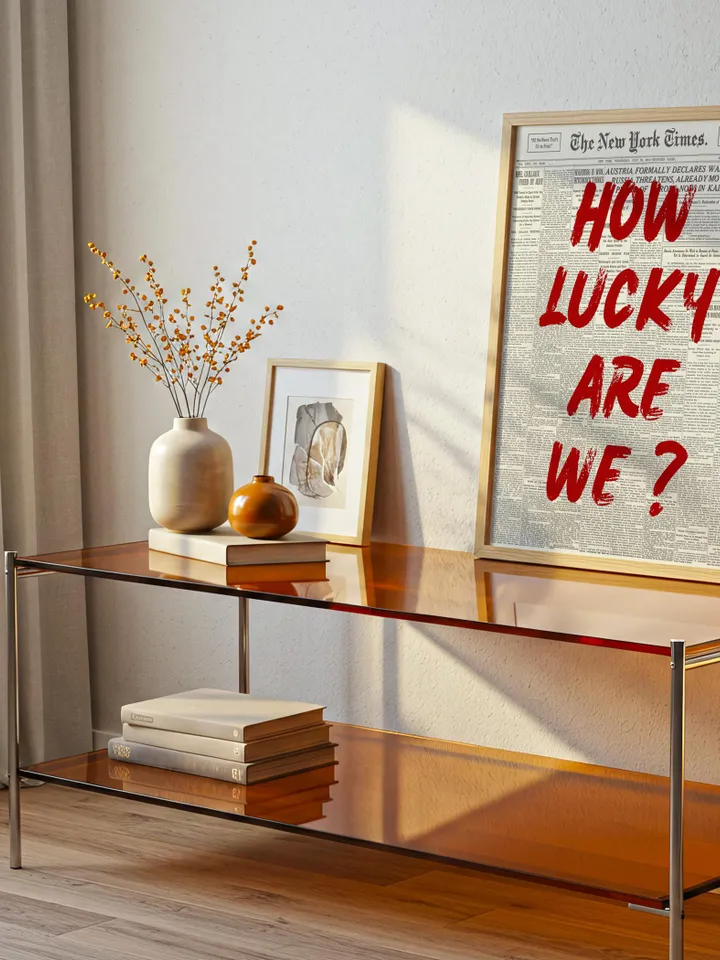 How Lucky Are We Print: Red Typography, Vintage Newspaper (Digital Download)