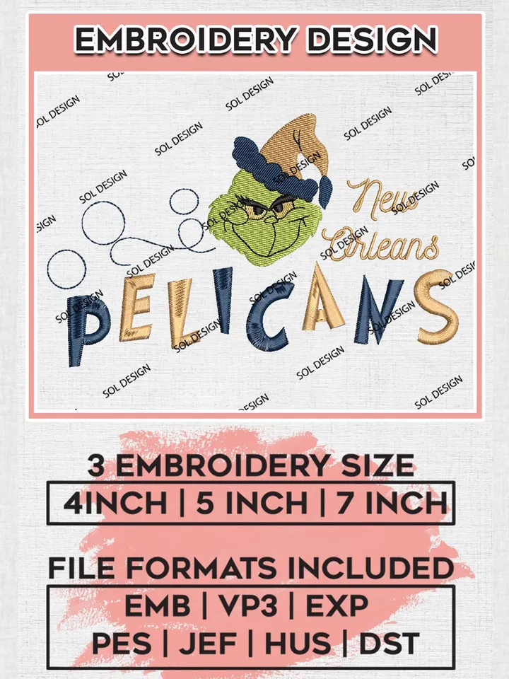 Grinch New Orleans Pelicans Embroidery Designs, Grinch Christmas Embroidery Files, NBA New Orleans Pelicans Machine Embroidery Designs, NBA Pelicans Logo, NBA Christmas Machine Embroidery Design, Digital Download