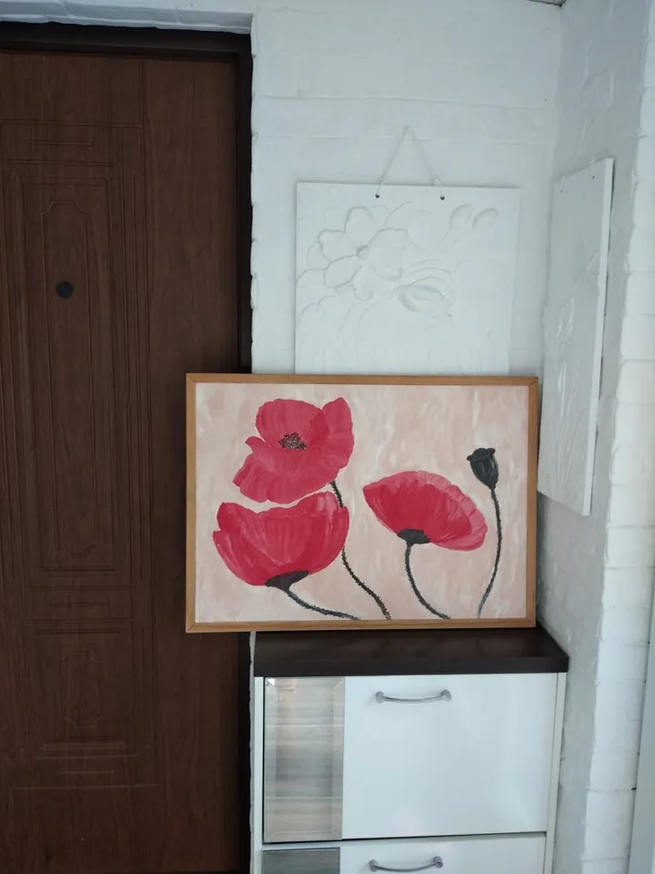 Oil Painting Flowers Red Poppies Original Art Handmade Canvas 28x20 Inch