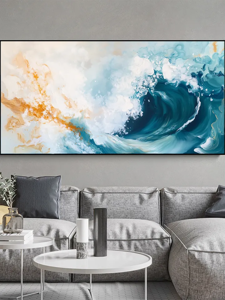 Ocean Wave Painting, Abstract Seascape Art, Blue and Gold Wall Art, Textured Wave Art, Large Canvas Artwork, Original Painting, Bedroom Art