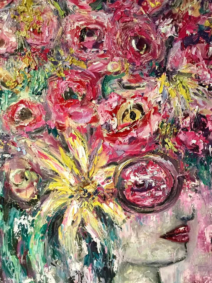 Pink wisdom-fantasy woman in flowers,womanoriginal oil painting,impasto painting,unique canvas art,original artwork,fantasy woman in roses.