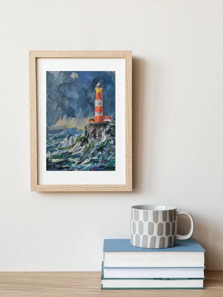 Painting Seascape Lighthouse Storm Waves Canvas on Cardboard Oil Wall Art Impasto Palette Knife Painting on Canvas 5.6 x 8 inches Original Painting Nata_Lena_Art