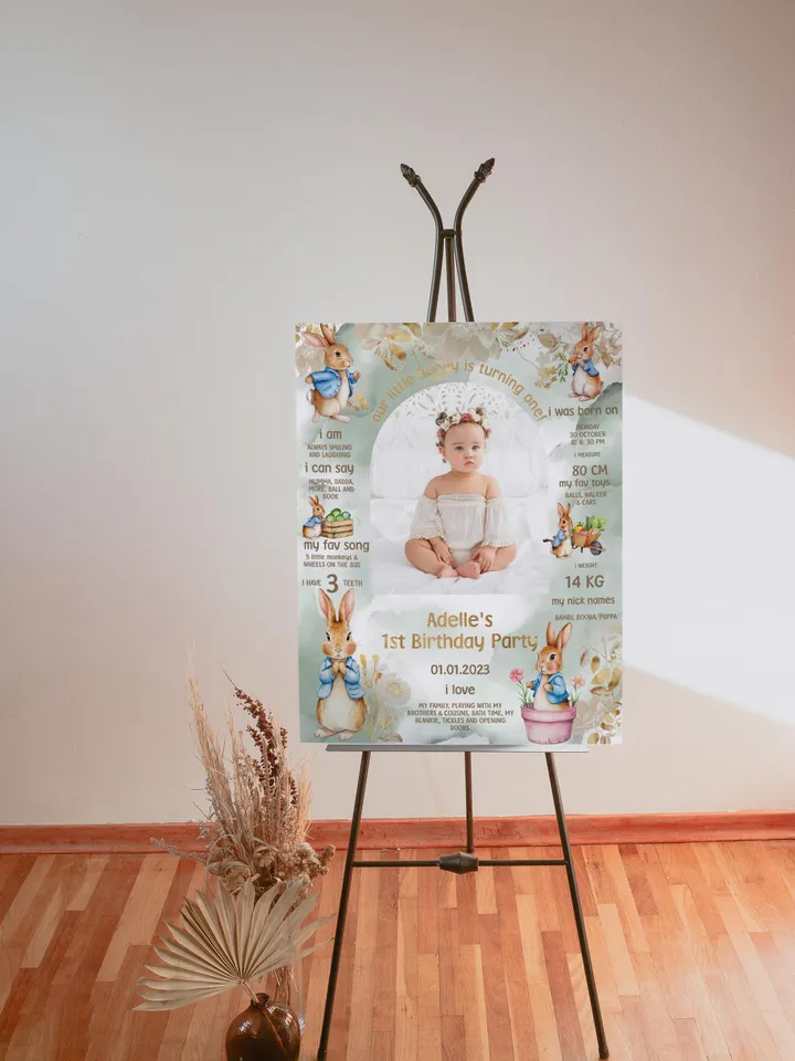 Editable and printable Milestone Boardfor the 1st Baby Birthday Party in Peter Rabbit theme instant download and unlimited access pr888