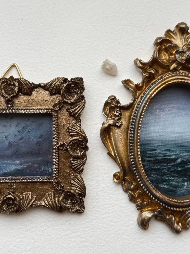 Small Landscape Painting Framed Original Storm Waves Antique Ocean Art Coastal Antique Frame Tiny Paintings 3 x 4 Art Victorian artwork