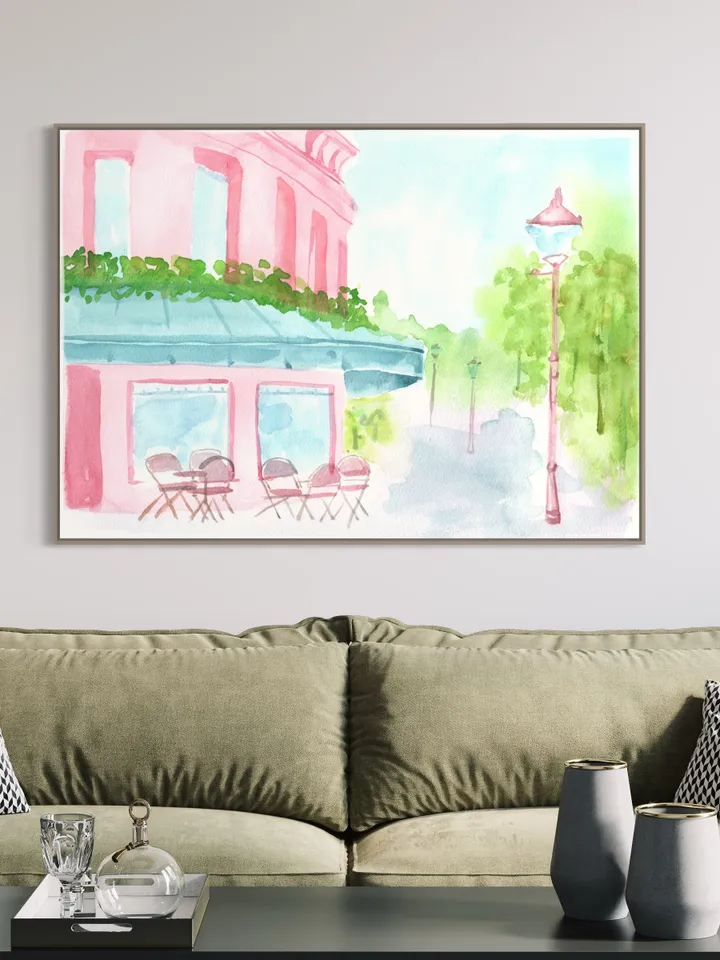 Pink Blue French Street Painting, French Watercolor, Pastel Pink Wall Art, Pink House Painting, Cityscape Watercolor, Gift For Her, Pink Art