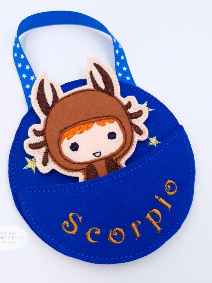 ITH Scorpio Zodiac Finger Puppet & Bag Embroidery Design, Scorpion Star Sign Toy, 4x4 Hoop Christmas Ornament