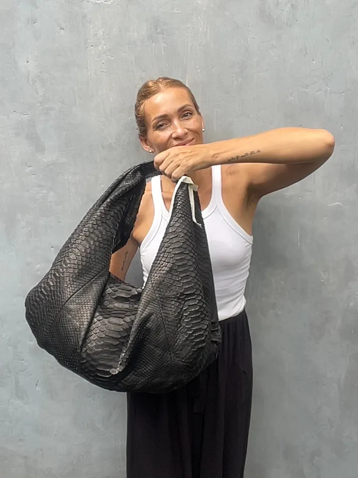 Big Soft Hobo Classy Sport Woman Bag | Purse Genuine Python Skin | Reptile Skin Products | Black Big Elegant Leather Designer Soft Bag Snake