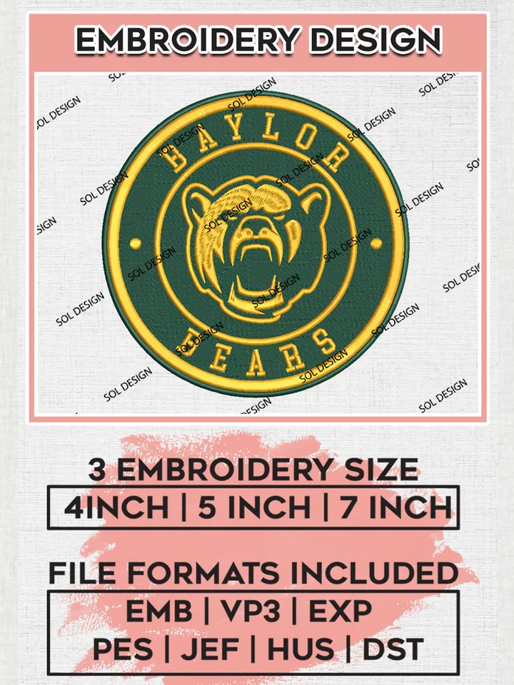 NCAA Baylor Bears Round Logo Embroidery, NCAA Baylor Bears Logo Embroidery files, NCAA Teams, Machine embroidery designs, Digital Download