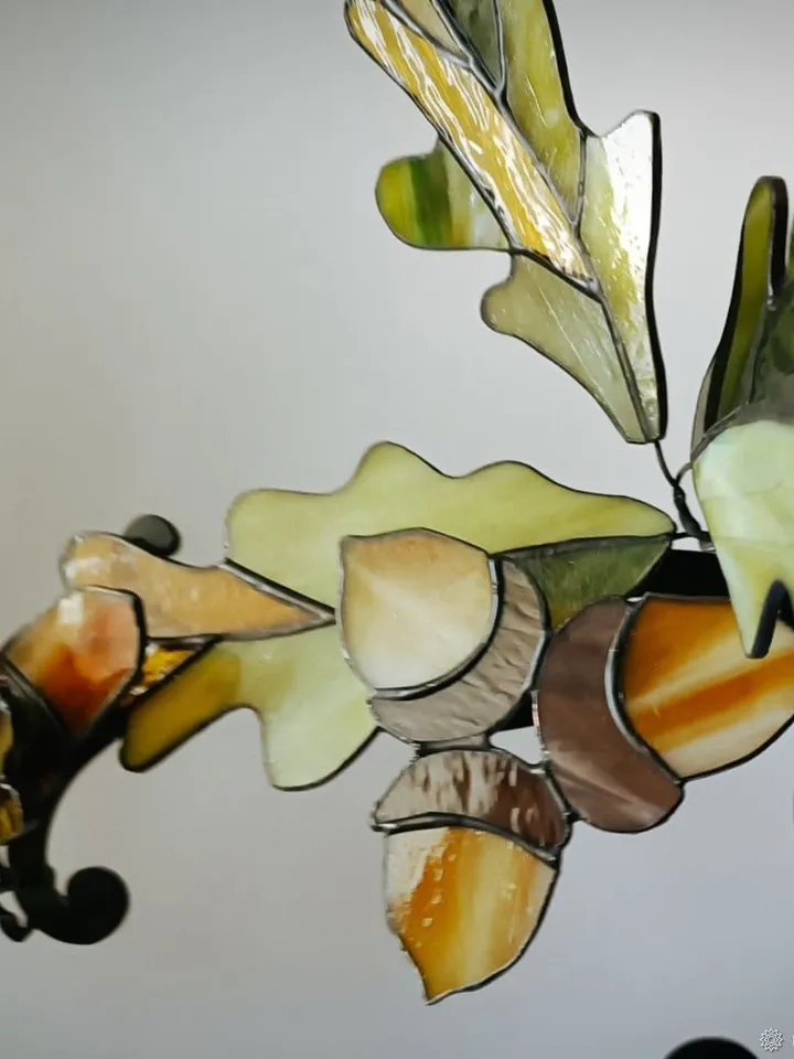 Stained Glass: Oak Twig. Tiffany Technique, Oak Branch. Tiffany-Style Stained Glass, Tiffany Stained Glass: Oak Leaf Branch, Tiffany-Style Stained Glass Oak Branch, Oak Twig in Tiffany-Style Stained Glass, Tiffany Stained Glass Oak Branch Design