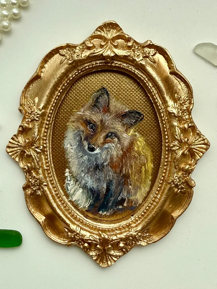 Framed Fox Oil Painting Original Wild Animals Art Cute Fox Painting Gold Frame Victorian Painting