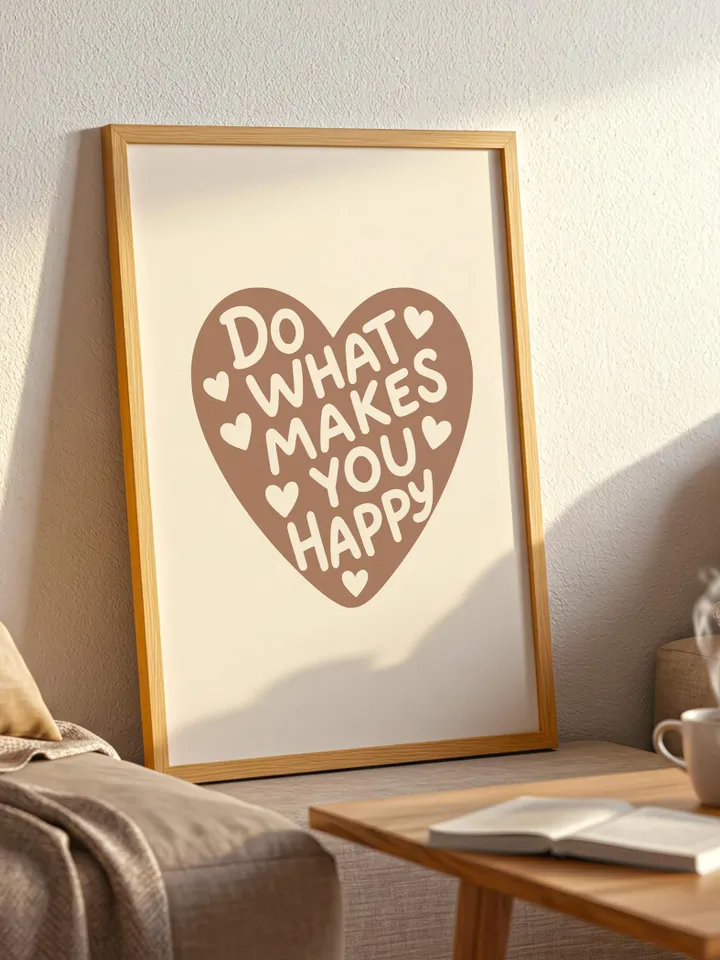Do What Makes You Happy Brown Heart Print – Neutral Wall Art, Minimalist Quote Poster, Self Love Digital Download, Taupe Printable Decor