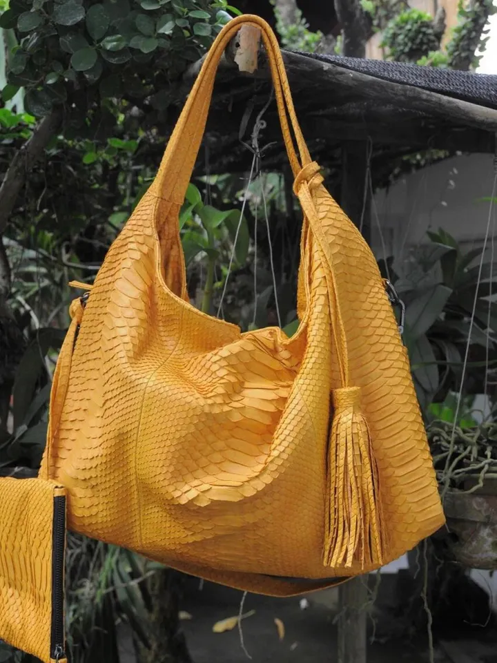Big Soft Hobo Classy Sport Woman Bag | Purse Genuine Python Skin | Python Skin Products | Yellow Big Elegant Leather Designer Soft Bag Snake