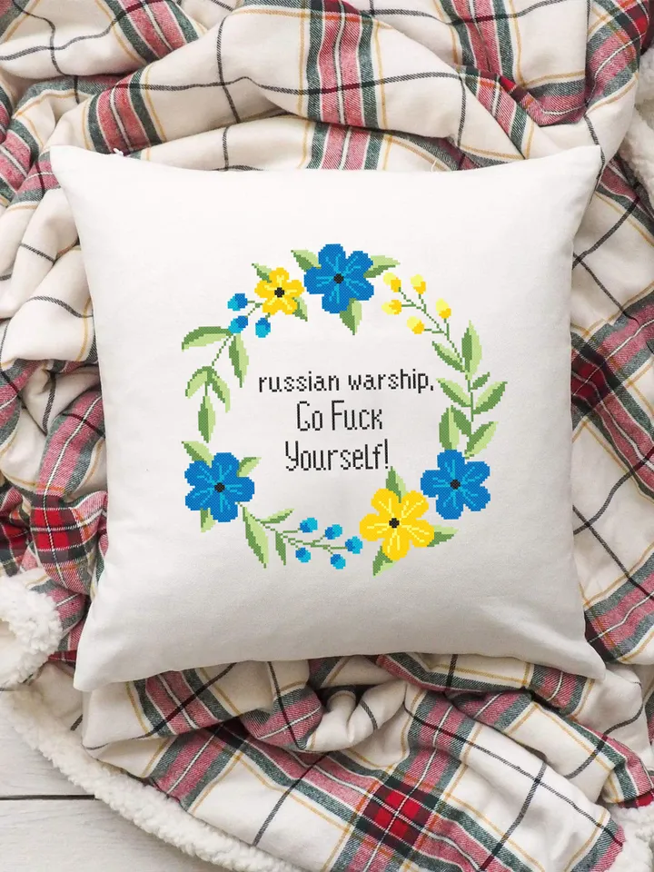 Flower wreath cross stitch pattern download PDF Russian Warship Go Fuck Yourself, Framed quote cross stitch chart Floral embroidery PDF #Q43