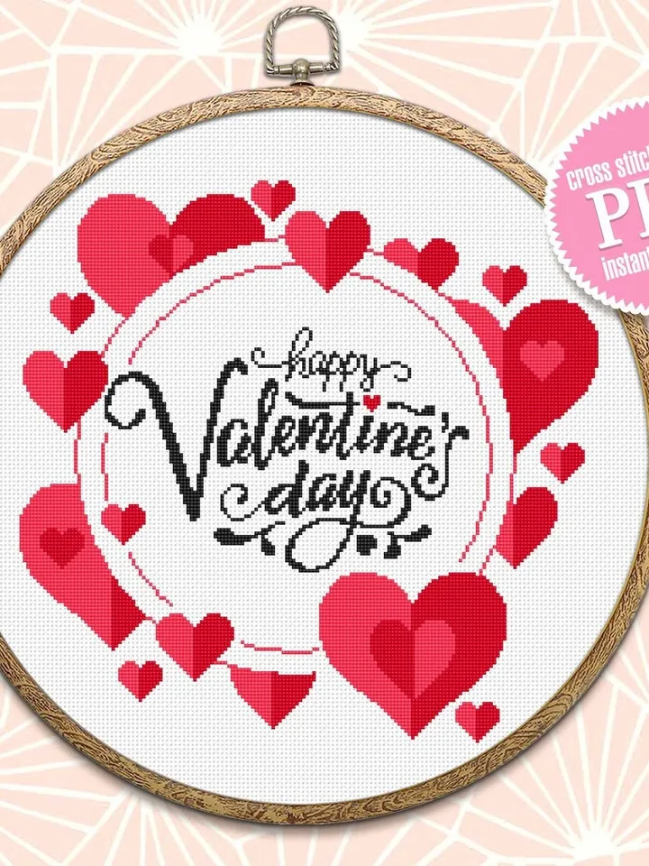 Happy Valentines day cross stitch pattern download PDF, Love quotes cross stitch chart, Cute heart embroidery PDF, Love lettering stitch #V3