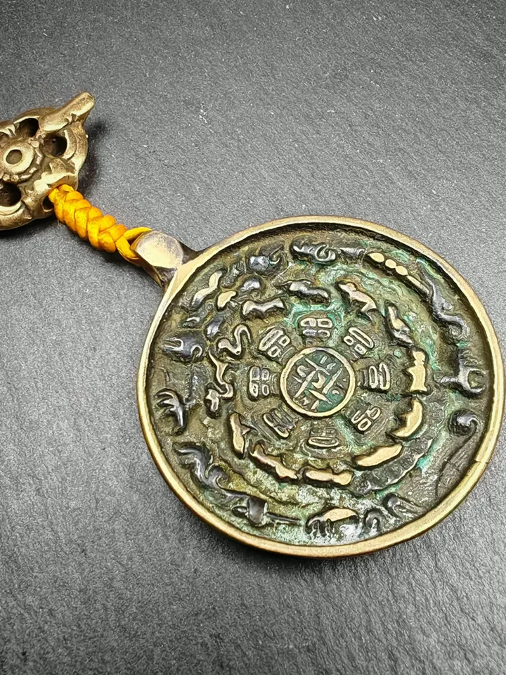 Gandhanra Vintage Tibetan Buddhist Amulet Sipaho Badge - Lima Brass Melong Mirror Calendar Protective Feng Shui Pendant,45mm