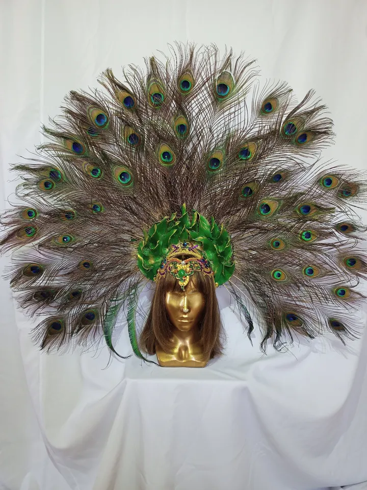 feather headdress, party crown, carnival headdress, brazilian headdress, crown, peacock feathers, peacock feather crown, peacock tail